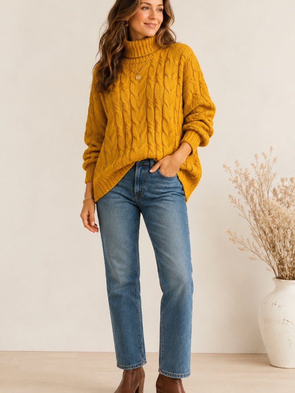 Vintage 90s GAP Sweater Women Large Cable Knit Mustard Yellow Turtleneck Chunky